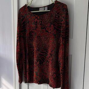 Chico's Vibrant Deep Orange Black Gold Eclectic Animal Pattern Long Sleeve‎ Top
